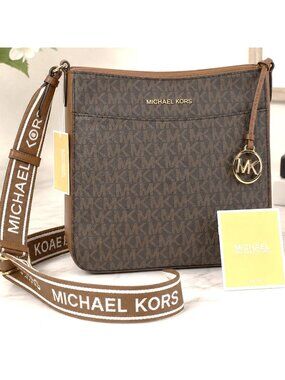 NWT Michael Kors Jet Set Travel Small NS Crossbody Brown MK Signature Logo Bag